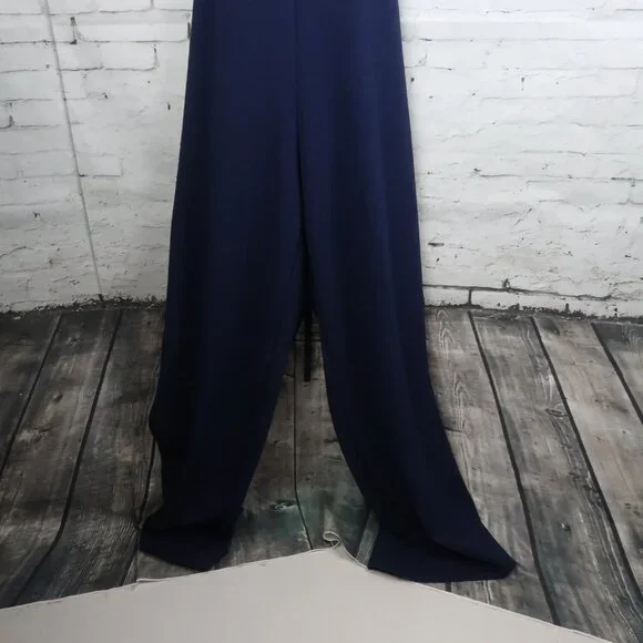 BEBE NAVY BLUE HIGH NECK HALTER RUFFLE OPEN BACK WIDE LEG JUMPSUIT SIZE 10 - Picture 6 of 9